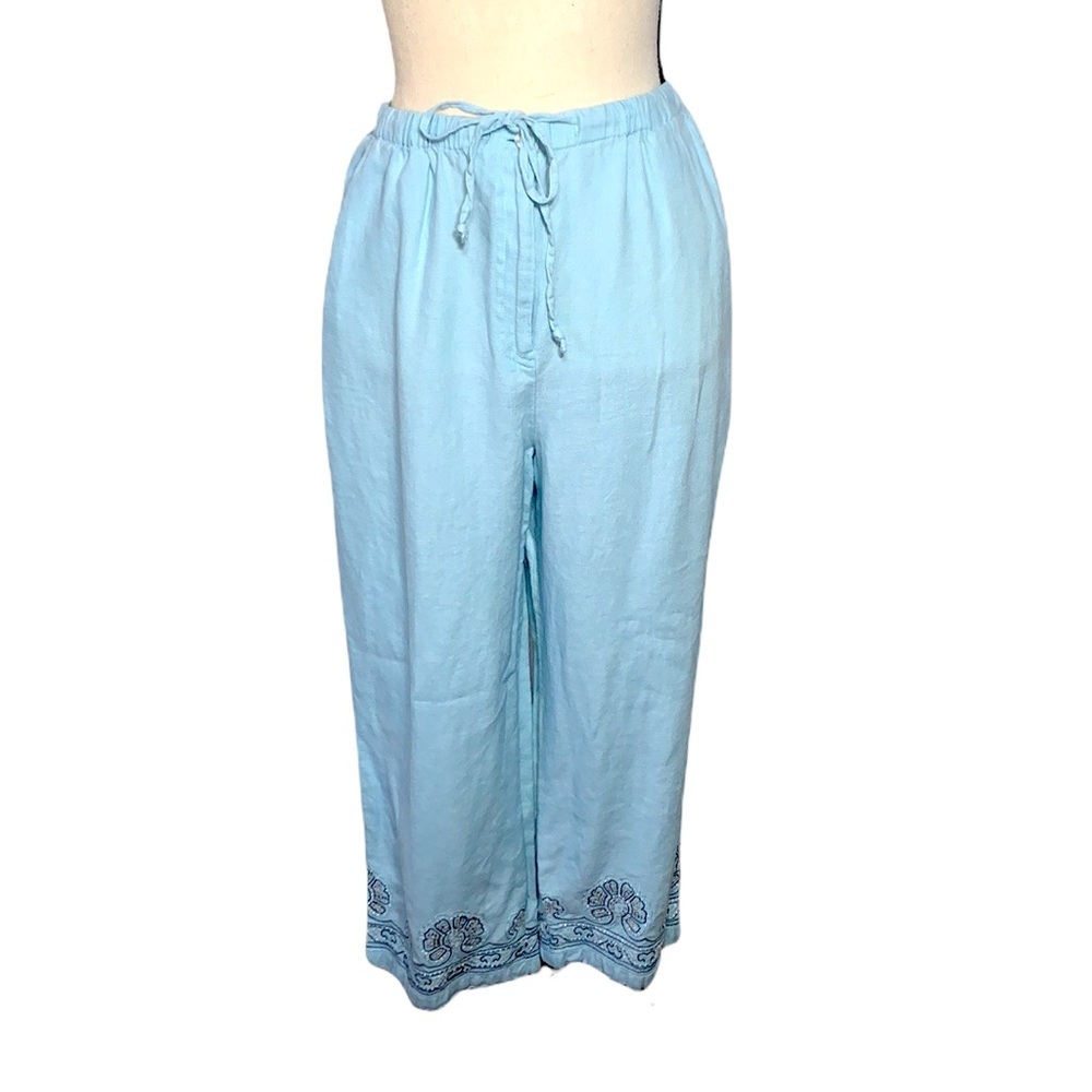 JM Collection Blue 100% Linen Embroidered Cropped Pants Size 12 Coastal